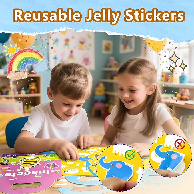 3 Pack Reusable Sticker Books for Kids, Waterproof Puffy Stickers - Match The Shape and DIY Scene, Toddler Travel Essential Quiet Time Activities Toys - Animal, Ocean and Insect (2-6 Age)