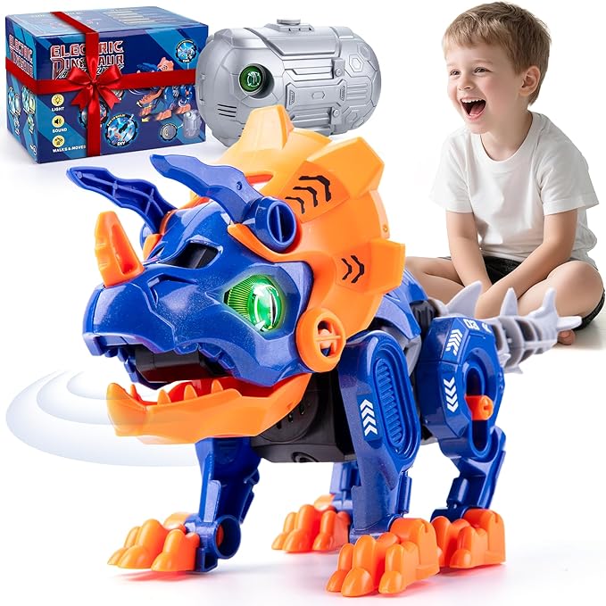 KODATEK Electric Dinosaur Building Blocks, Self-Moving Triceratops with LED Glowing Eyes & Roar Sounds, STEM Learning Toys for Boys 3-5 4-6 4-8 Years, Educational Building Kit Gifts