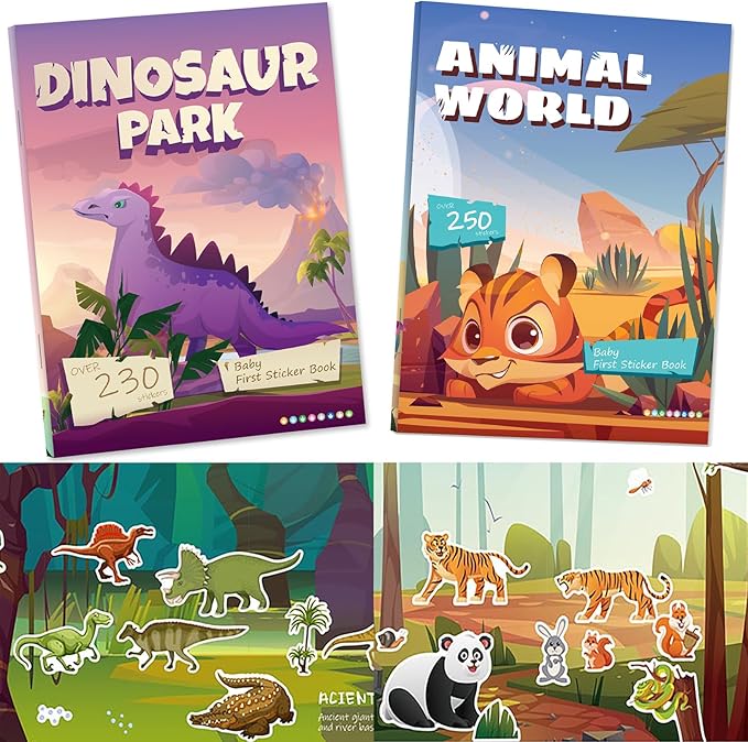 Sticker Book for Kids, 230+ Dinosaur & 250+ Animal Stickers & 16 Scenes, Reusable Activity Sheet, Seek and Find Sticker Coloring Pad, for Boys Girls Toddlers Ages 2-4 4-8 Years Old 3-5 6-7