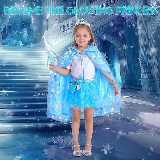 VGOFUN Princess Dress Up for Girls,10 PCS Light Up Princess Cape Set Toddler Dress Up Clothes Princess Costume Toys with Light Up Tiara Wand Halloween Christmas Birthday Gift for 3,4,5,6,7,8 Years