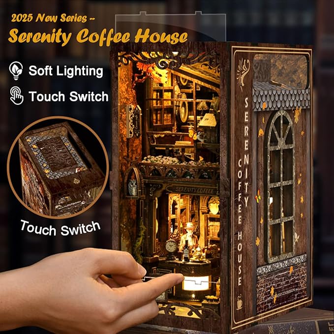 [2025 New] Coffee House Book Nook Kit with Dust Cover & LED Light, DIY Miniature House Kit Toy, 3D Wooden Puzzle Bookshelf Decor Building Kit, Birthday Gifts for Family & Friends