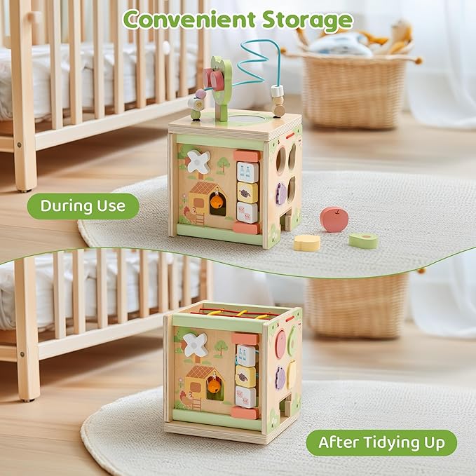 ROBOTIME Wooden Activity Cube with Bear Orchard Theme, 9-in-1 Montessori Toys for 12M+ Boys & Girls, Educational Learning Toys for Toddlers Age 1-3, 1st Birthday Gift