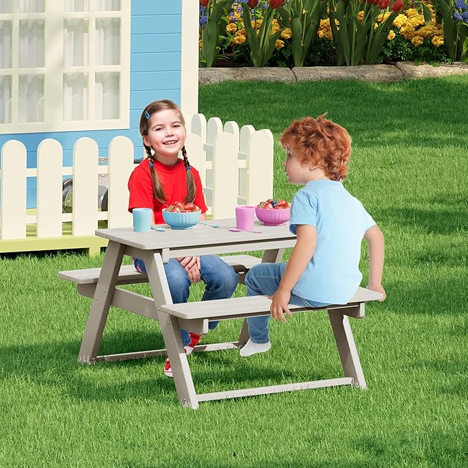 Costaelm Kids Picnic Table, HDPE All Weather Outdoor Toddler Picnic Table and Chair Set Kids Bench for Patio, Backyard, Garden, Lawn, Sand