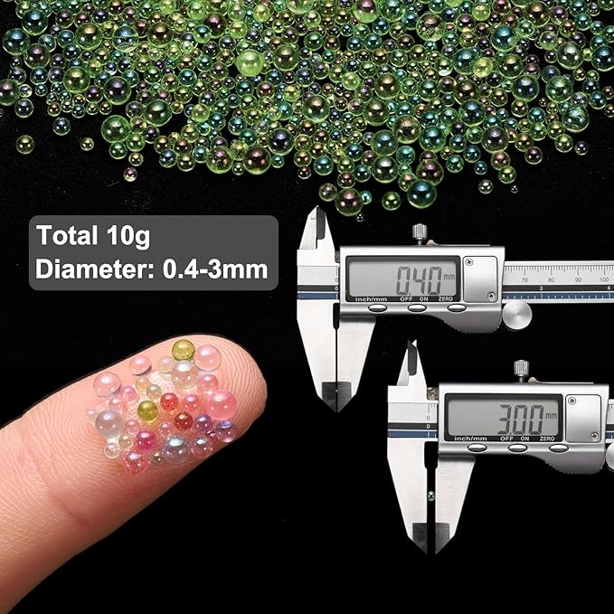 Iridescent Glass Tiny Bubble Beads, 0.4-3mm 10g No Hole Micro Mini Round Light Green Water Droplets Beads - Applications: for Resin Filler, Nail Art, Dollhouse Bath Tub