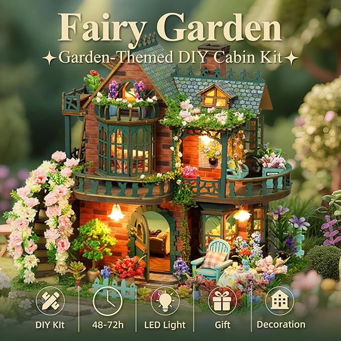 DIY Miniature House Kit with LED Lights, Fairy Garden Wooden Mini House Building Kit for Adults & Teens, Creative Crafts for Women, Friends & Hobbyists