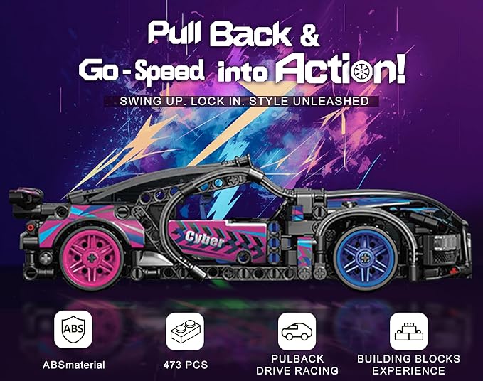 Sosuy Building-Block Race-Car Set, 1:18 Technical Model Kit 473 Pcs DIY Pull-Back Cyberpunk Toy for Boy Girl Kid Age 6+ Year, Birthday Gift for Teen Adult Display, Speed Super Sports Cars Bricks Icons