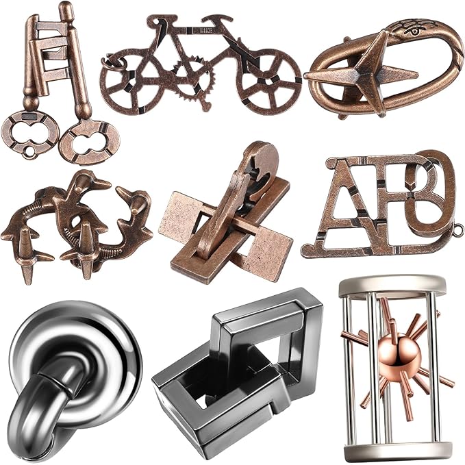 Wettarn 9 Pcs Metal Brain Teaser Puzzles Teaser 3D Steel Puzzle for Adults Unlock Interlocking Games IQ Education Smart Logic Test Toys for Adults Mind Challenge(Exquisite Style)