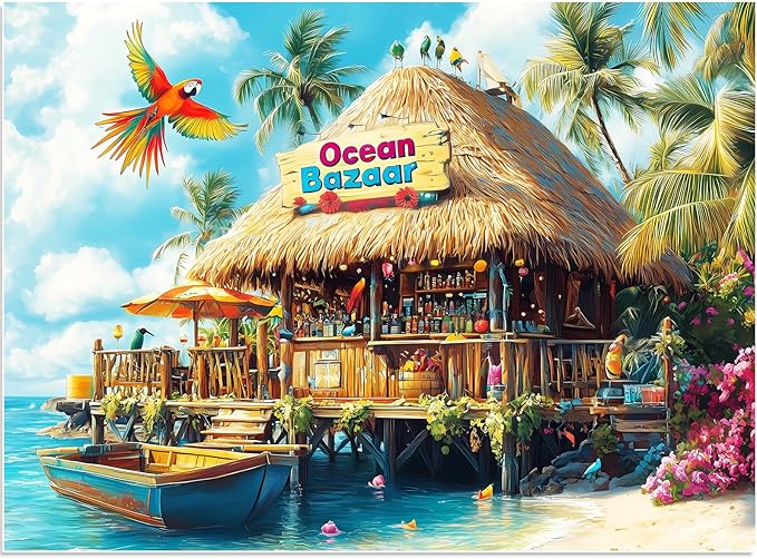500 Piece Puzzles for Adults, Colorful Beach Shop Parrot Jigsaw Puzzles 500 Pieces for Adults Kids Seniors, Challenge Art Jigsaw Puzzle for Gifts Birthday Party Games Family, 20.5 * 15 inch Dust Free