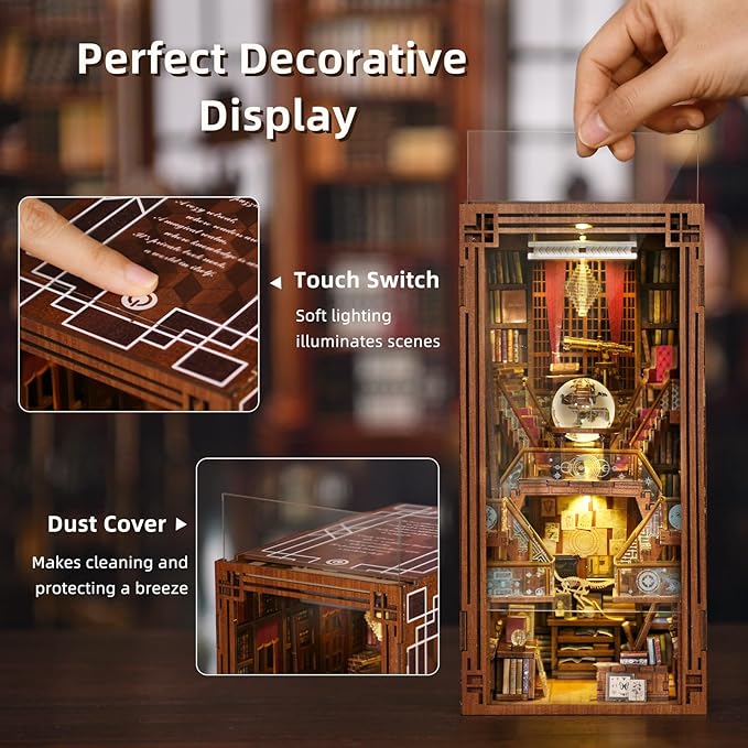 DIY Book Nook Kit, DIY Miniature Dollhouse Booknook Kit, 3D Wooden Puzzle Bookend Bookshelf Insert Decor with LED Light for Teens and Adults (Beyond Library)