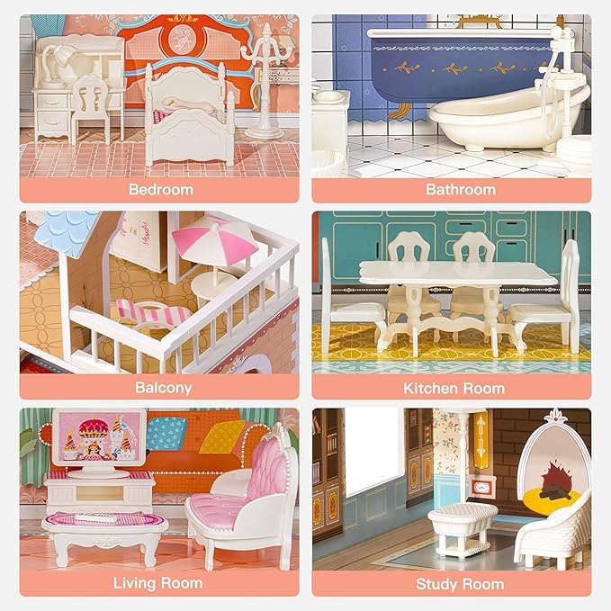 ROBUD Wooden Dollhouse for Kids Girls, Toy Gift for 3 4 5 6 Years Old, with Furniture