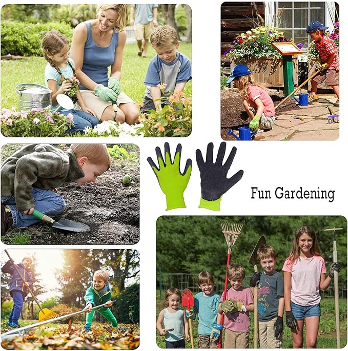 HANDLANDY 3 Pairs Kids Gardening Gloves Latex Free, Nitrile Coated Children Toddler Garden Yard Work Gloves for Little Girls Boys (Size L, Black-Green)