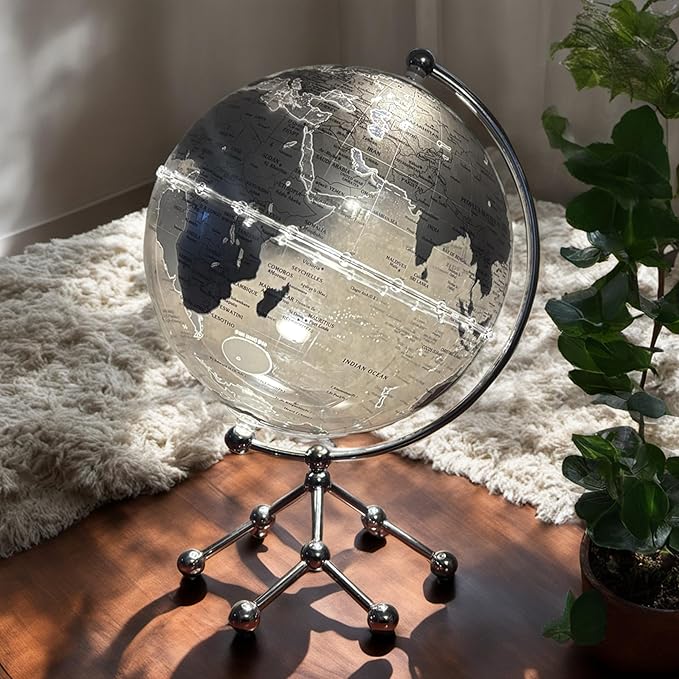 Generic Silver Earth Globe Desk Lamp, Touch Switch, Globe Diam. 25 cm, Warm White Light