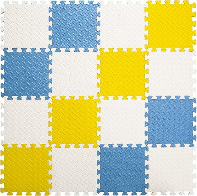 Foam Floor Mats for Kids, 12 x 12 Inch 16 Tiles 0.4" Thickness Foam Play Mat, Non-Toxic Square Interlocking Floor Mats Rubber Baby Play Mat for Toddlers(White/Yellow/Gray Blue)