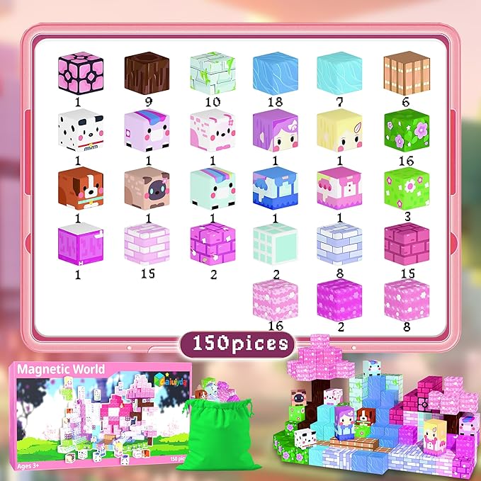 Magnetic Blocks丨150PCS Magnetic Building Blocks for Kids Ages 4-8 丨STEM Sensory Construction Stacking Travel Toys with Magnatiles Cubes Gifts for Boys Girls 3 4 5 6 7 8-12 Years