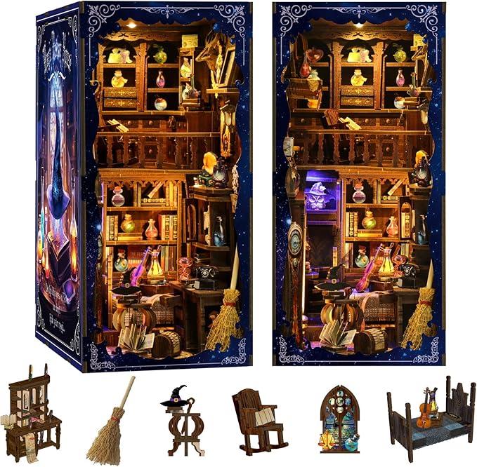 Book Nook Kit - DIY Miniature Dolls House Kit with Furniture and LED Light, 3D Puzzle Wooden Art Bookends, Model Kits for for Adults and Teens (Magic Potion Shop)
