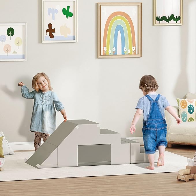 Qaba Toddlers Climbing Toys, Foam Climbing Blocks, 2 Pieces PU Leather Soft Play Set Indoor for Crawling or Sliding Aged 1-3 Years, Light Gray