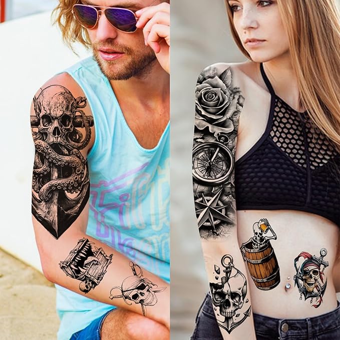 77 Sheets Pirate Skull Temporary Tattoo for Women Men, 17 Sheets Half Arm Large Flower Skeleton Octopus Fake Tattoos, 60 Sheets Anchor Clock Black Tiny for Adult Kids Body Tattoos Stickers Realistic