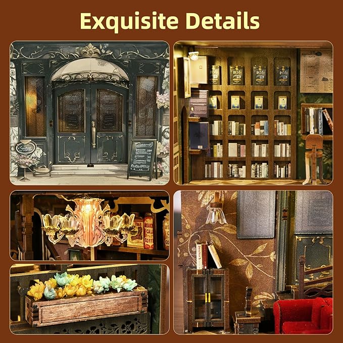 Book Nook Kit, DIY Miniature Dollhouse Booknook Kit, 3D Wooden Puzzle Bookend Bookshelf with LED Light for Adults Teens (Saison Café)