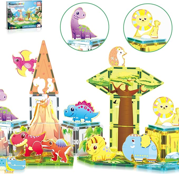 PicassoTiles Magnet Tiles Set Magnetic Building Blocks Safari Animals Dinosaur Theme with 16 Action Figure Construction Blocks STEM Toys Education Preschool Toy for Toddlers Boys Girls Ages 3+ PTQ28