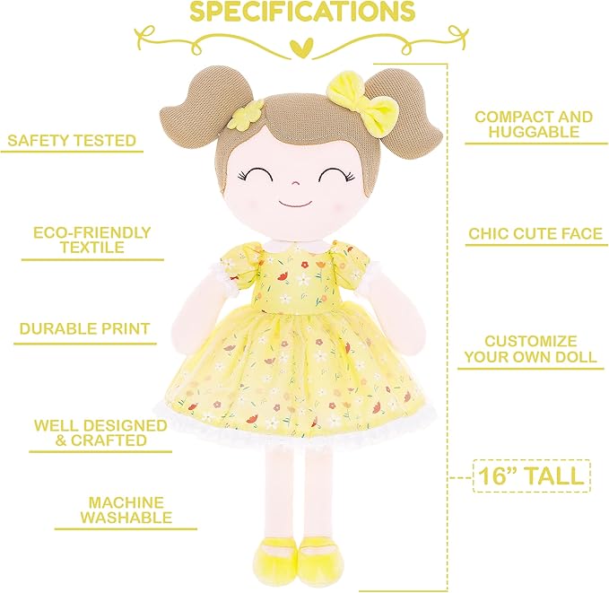 Gloveleya Personalized Doll with Your Name - Cute Floral Yellow Custom Soft Plush Doll for Girls Plush Doll Customized Gifts - Muñecas de Trapo Personalizadas para Niñas
