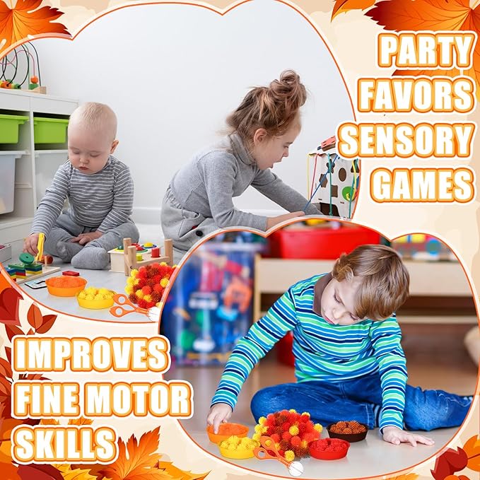 Leitee 71 Pcs Sensory Bin Filler Include 60 Hedge Balls 4 Tweezers 2 Scissors Clips 5 Cups Fine Motor Skills Toys Set for Boys Girls Early Education and Counting Sorting Training(Orange,Autumn)