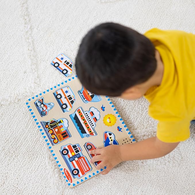 Melissa & Doug Vehicles Sound Puzzle – 8-Piece Wooden Peg Puzzle with Light-Activated Sounds, Music Learning Toy for Toddlers and Preschoolers Ages 2+