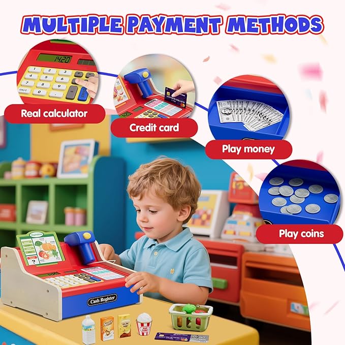 Wooden Cash Register for Kids with Real Calculator, Rechargeable Cash Register Toy with Scanner/Play Money/Food/Credit Card/Menu, Pretend Play Toys Gifts for Boys Girls Ages 3-8, Blue