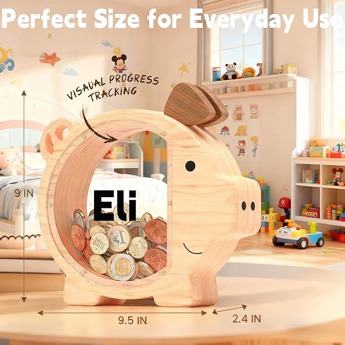 Personalized Wooden Piggy Bank for Kids Large, Custom Name Money Bank for Boys Girls, Cute Unbreakable Wood Savings Jar Money Box, Birthday for Child, Room Décor