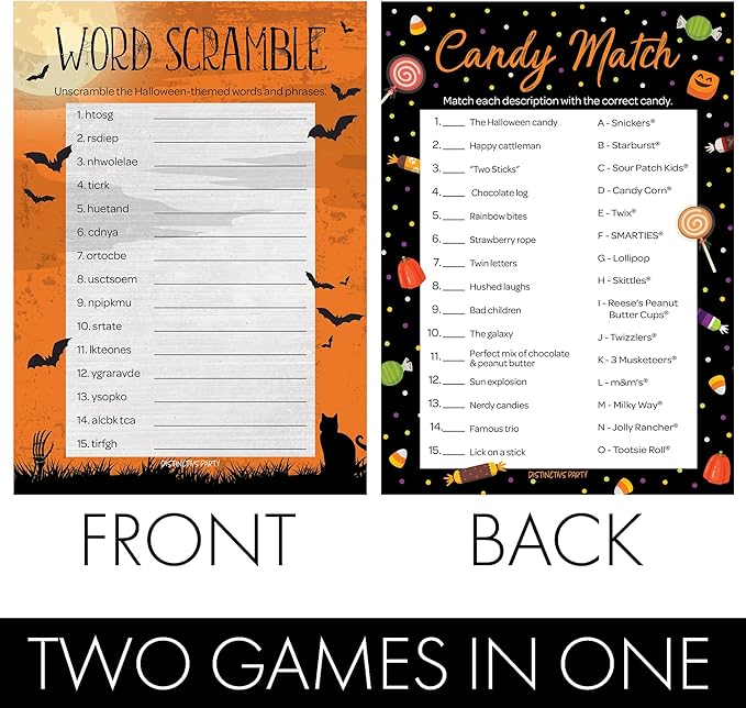 DISTINCTIVS Halloween Party Games – Word Scramble and Candy Match 2 Game Bundle, 25 Dual-Sided Cards for Kids, Adults, Classrooms, and Fall Events