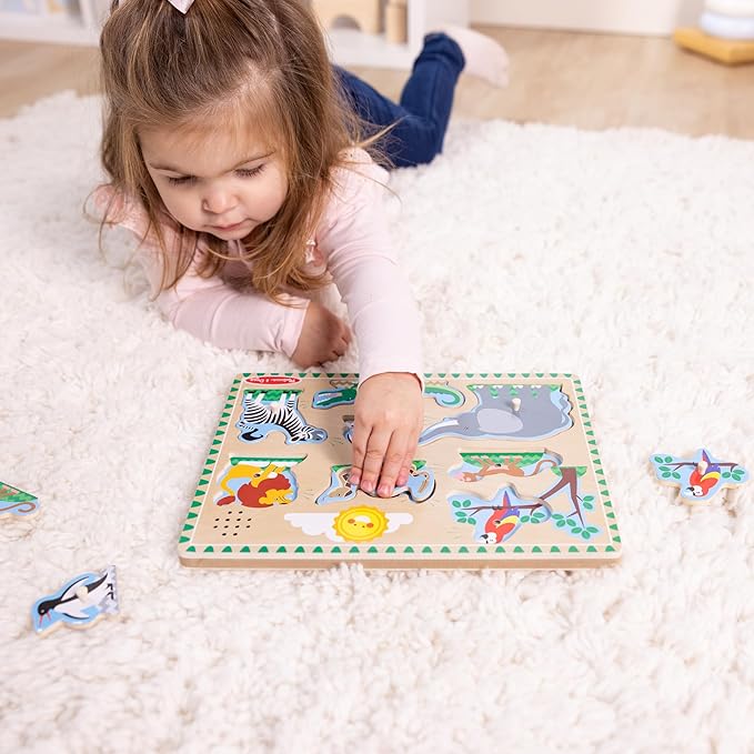 Melissa & Doug Zoo Animals Sound Puzzle – 8-Piece Wooden Peg Puzzle with Light-Activated Sounds, Music Learning Toy for Toddlers and Preschoolers Ages 2+
