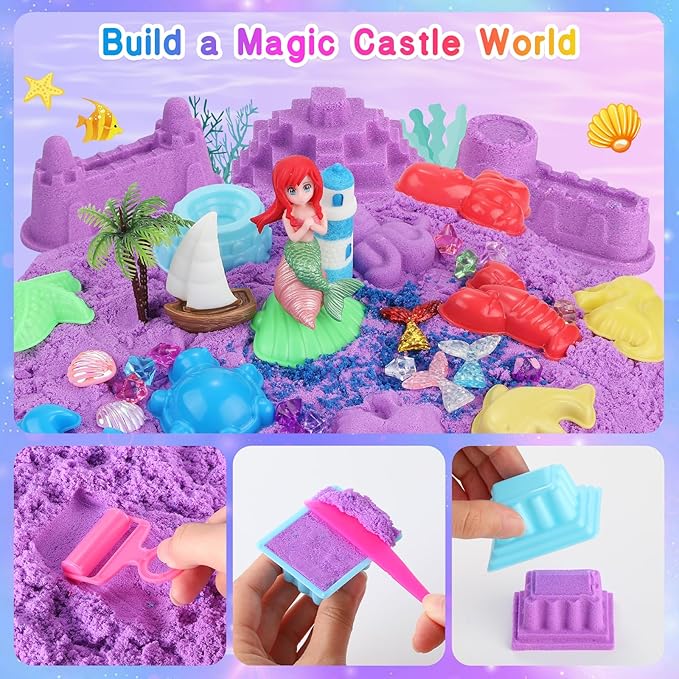 Lokuc Unicorn Sensory Bin for Girl, Unicorn and Mermaid Sensory Sand Kit Toy, 60Pcs Sandbox with 2.2 lbs Magic Sand Sensory Bins, Christmas Birthday Gift for Toddler Kid Age 3 4 5 6 7 8