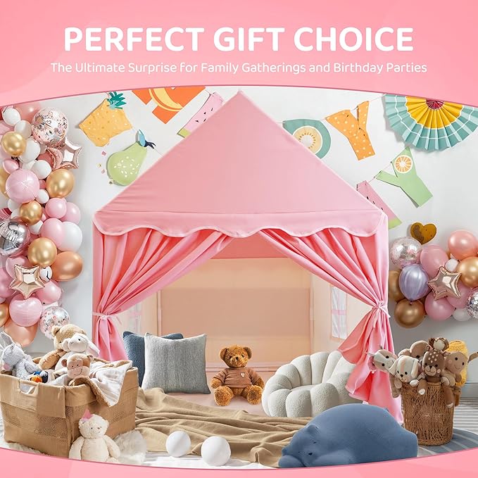 TTLOJ Gift for Christmas Kids Play Tents for Girls, Princess Castle Tent, Large Fairy Playhouse Gift Toys for Girl Toddler Children Play House, Fairy Tale Teepee Tent Indoor Outdoor-Pink Realm