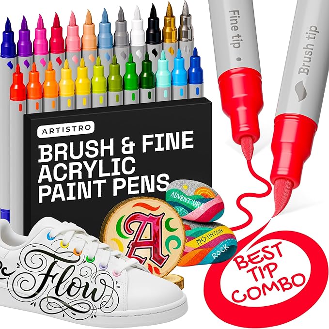 ARTISTRO 24 Dual Tip Brush + Fine Acrylic Paint Pens Ideal for Calligraphy - Paint Markers for Fabric, Rock, Glass, DIY - Stocking Stuffers, Christmas Gift Idea for Teens, Grandkids, Kids