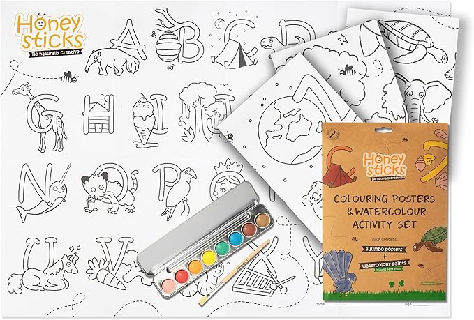 Honeysticks Kids Activity Set - 4 Giant Painting Posters Plus Non-Toxic Watercolor Paint Set with 8 Vibrant Colors and Paintbrush, Educational Painting Kits for Kids, Gifts for Ages 3-5