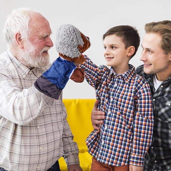 1 Pcs Family Hand Puppets 12 Inch Grandparents Mom Dad Brother Sister Plush Hand Puppet Toys Role-Play Toy Puppets for Kids Storytelling Imaginative Pretend Play Teaching Preschool(Black Grandfather)