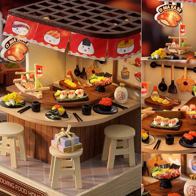 TuKIIE DIY Miniature Dollhouse Kit with Furniture, 1:24 Scale Creative Room Mini Wooden Doll House Plus Dust Proof for Kids Teens Adults(Revolving Food House)