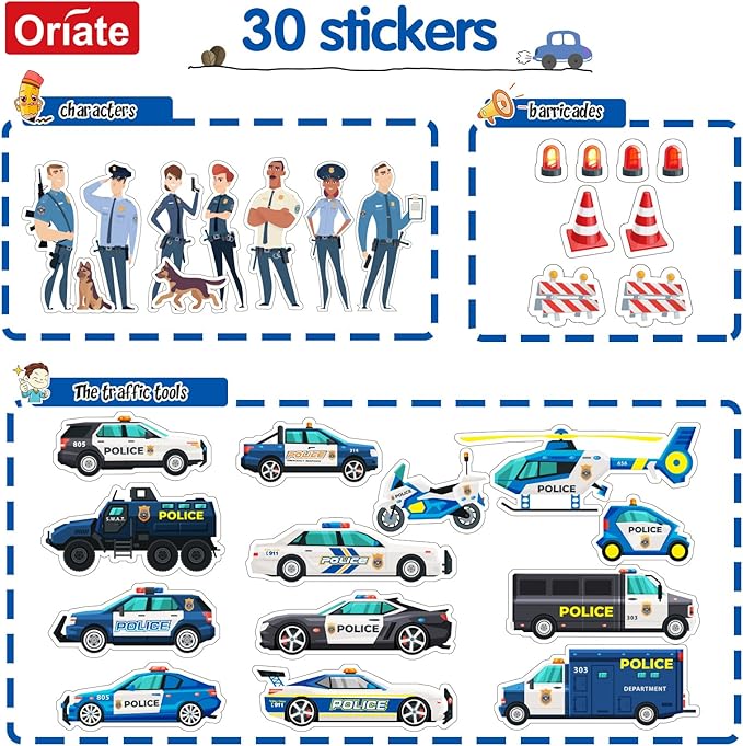 Oriate Diecast Police Rescue City S.W.A.T. Car Toys Set w/Heavy Duty Trailer Patrol, 13PCS Alloy Mini Police Vehicles Transport Trailer, Road Signs and Birthday Cake Topper Stickers for Kids