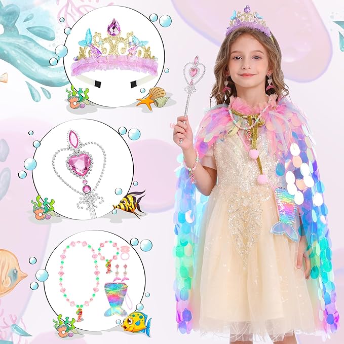 Princess Dress Up Toys Princess Dress Up Clothes Rainbow Mermaid Cape Kit 9 Pcs Gift Set for Little Girls 3-8 Years