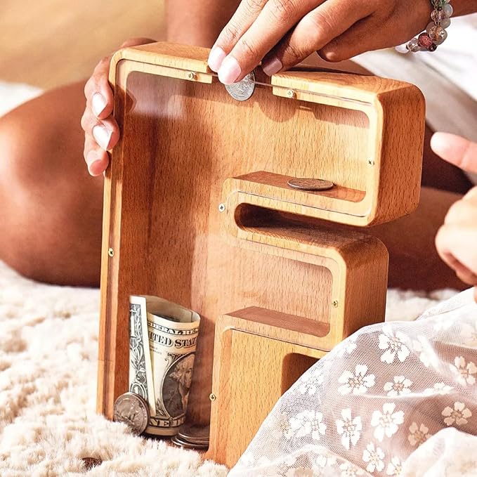 Personalized Wooden Piggy Bank – Custom Letter F Coin Bank in Beech Wood with Clear Acrylic Front, Engraved Name Option, Money Saving Box for Kids and Adults