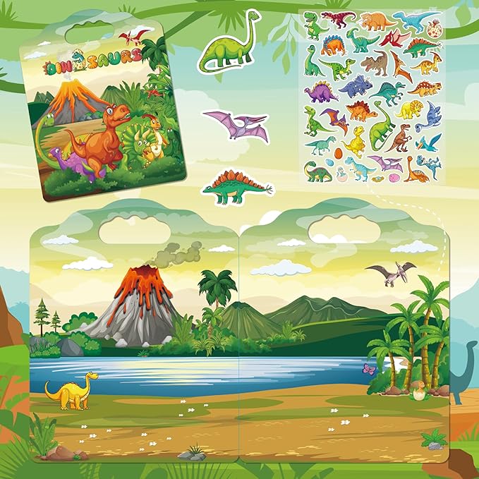 2 Set Reusable Sticker Books for Toddlers 2-4 Years, Puffy Reusable Sticker Activity Book for Kids Toddlers 1-3 Girls Boys Birthday Gifts Include Vehicles&Dinosaur