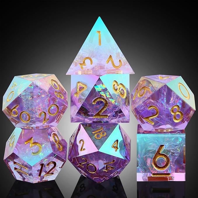 Iridescent Plating Lilac Sharp D&D Dice, DNDND Handmade DND Resin Sharp Edge D&D Die with Gift Case for Dungeons and Dragon Tabletop Games (Iridescent Plating Lilac)