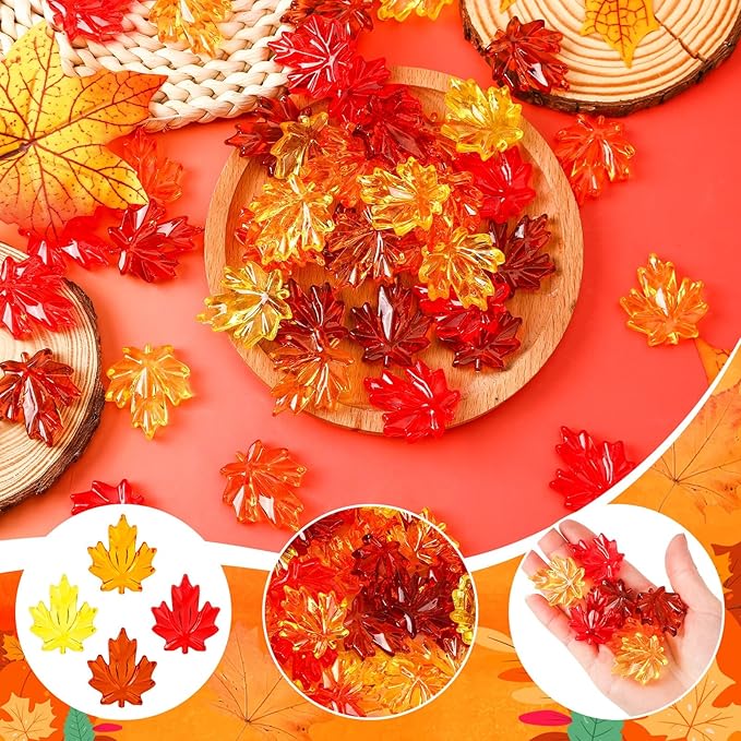 120Pcs Fall Thanksgiving Ornaments, Maple Leaves Vase Filler Acrylic Crystals Gems Table Scatters for Fall Autumn Thanksgiving Halloween Decoration Party Favors Craft Supplies