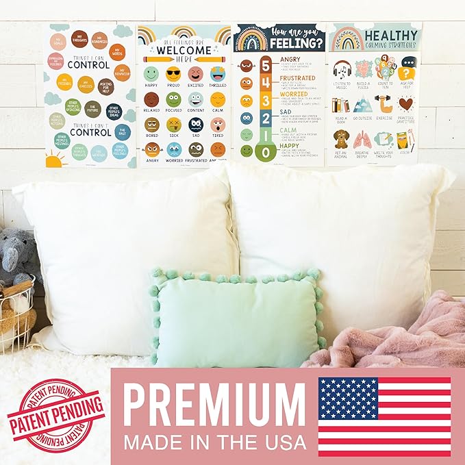 Hadley Designs Feelings Chart For Kids Ages 4-8 - Emotions Chart For Toddlers 3-5, Counseling Feelings Posters For Classroom Calming Corner, Social Emotional Learning Posters, Boho Classroom Decor
