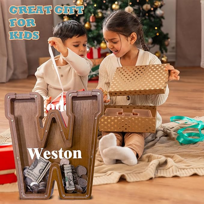 Wooden Letter Piggy Bank for Kids Larger Letter Piggy Bank for Boys and Girls Personalized Piggy Bank Initial Coin Bank Wood Kids Money Bank for Birthday and Festival