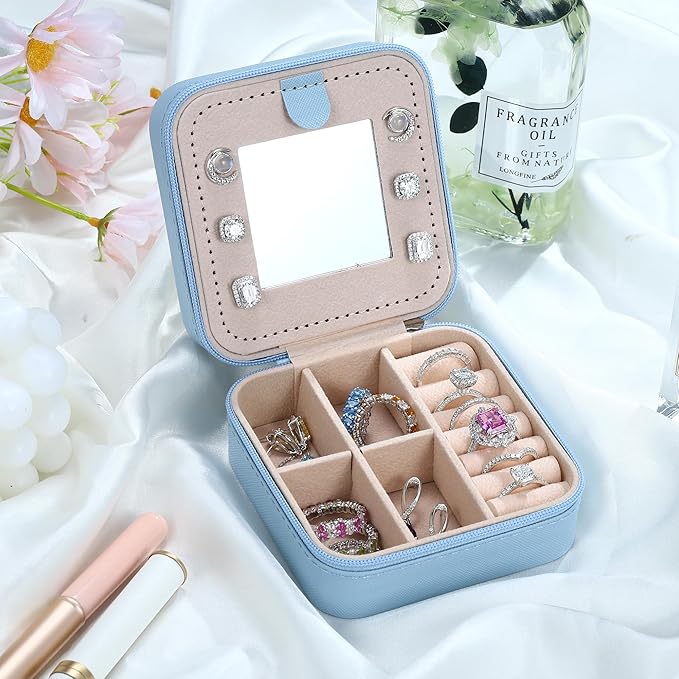Parima Travel Jewelry Case - Small Organizer Box for Women, Mini Jewelry Box - Letter T, Sky Blue