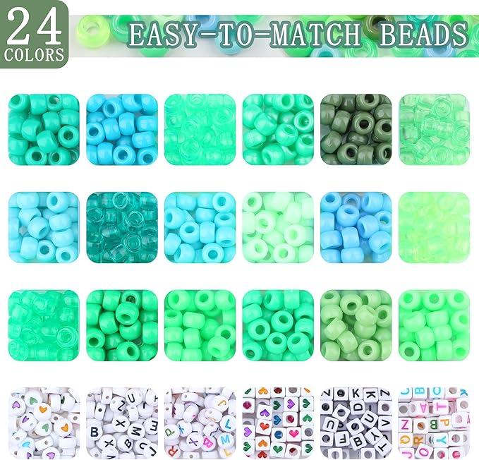 XIANNVXI 24Colours Green Pony Beads for Bracelet Friendship 720pcs Letter Kandi Green Pony Beaded Kit Bracelet Making Kit for Jewelry DIY Crafts