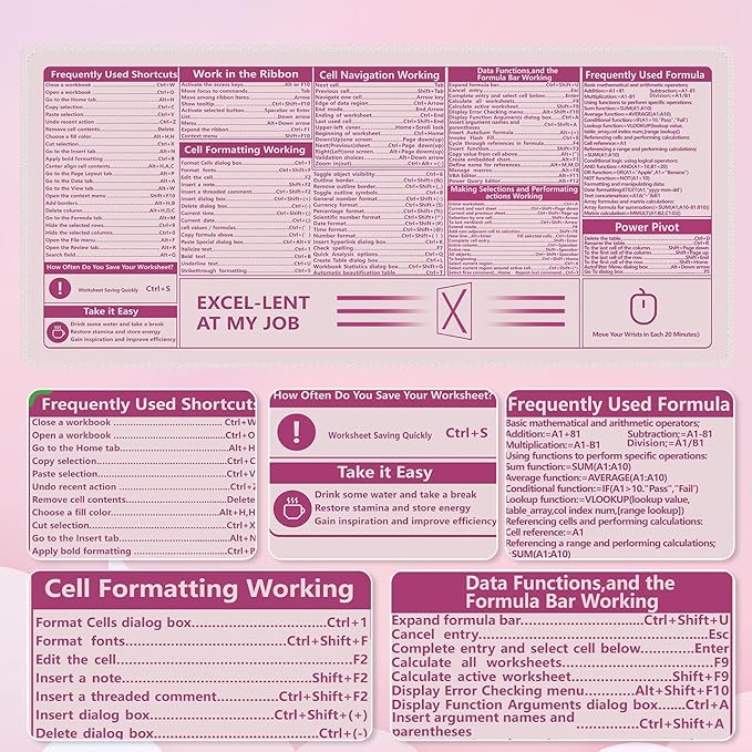 Excel Mouse Pad，Excel Cheat Sheet Desk Pad，Office Power Point Excel Word Shortcut Keys, Gaming Mouse Pad, Non-Slip Rubber Base Mousepad, Stitched Edges, 31.5x11.8 inch for Home Office