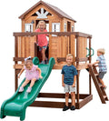 Backyard Discovery Echo Heights Elevated Cedar Wooden Kids Playhouse with Wave Slide, Play Kitchen, Wrap-Around Deck, Flat-Step Ladder, Half Door, Windows, Bell, and Growth Chart for Outdoor Play