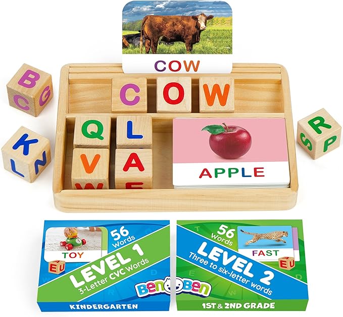 BenBen Spelling Games with Flash Cards, Montessori Toys for 3 4 5 6 Years Old Kids, Wooden Matching Letters Games, CVC Word Educational Learning Toys, Gift for Preschool Kindergarten