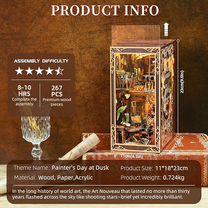 DIY Book Nook Kit, Miniature Dollhouse Booknook Kit, 3D Wooden Puzzle Bookend Bookshelf Insert with LED Light for Teens and Adults, Painter's Day at Dusk